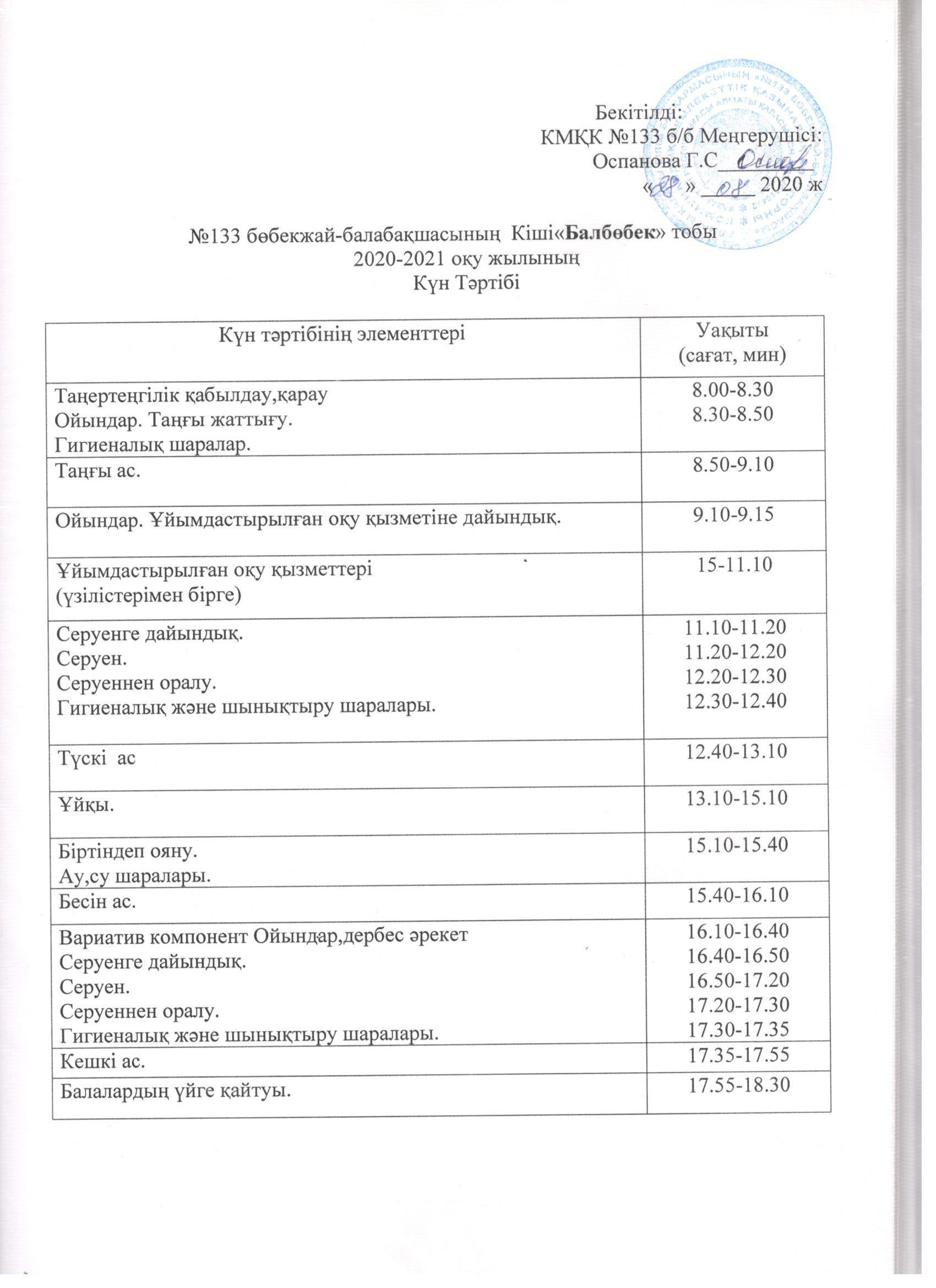 кіші «Балбөбек» тобының 2020-2021 оқу жылына арналған КҮН ТӘРТІБІ