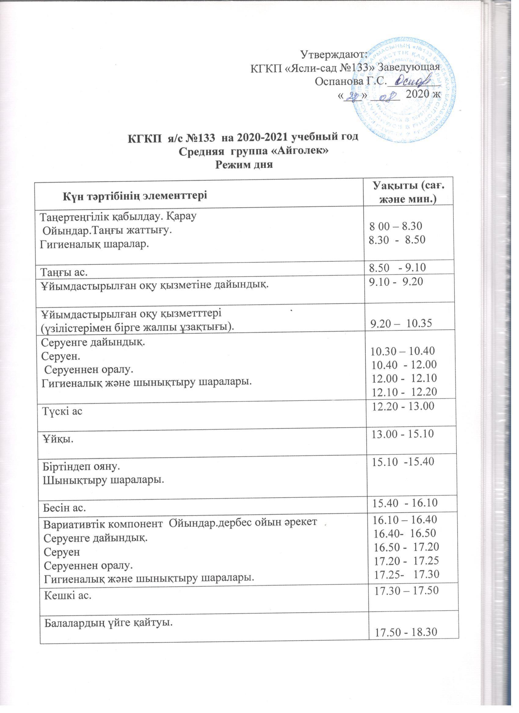 Ортаңғы«Айгөлек» тобының 2020-2021 оқу жылына арналған КҮН ТӘРТІБІ