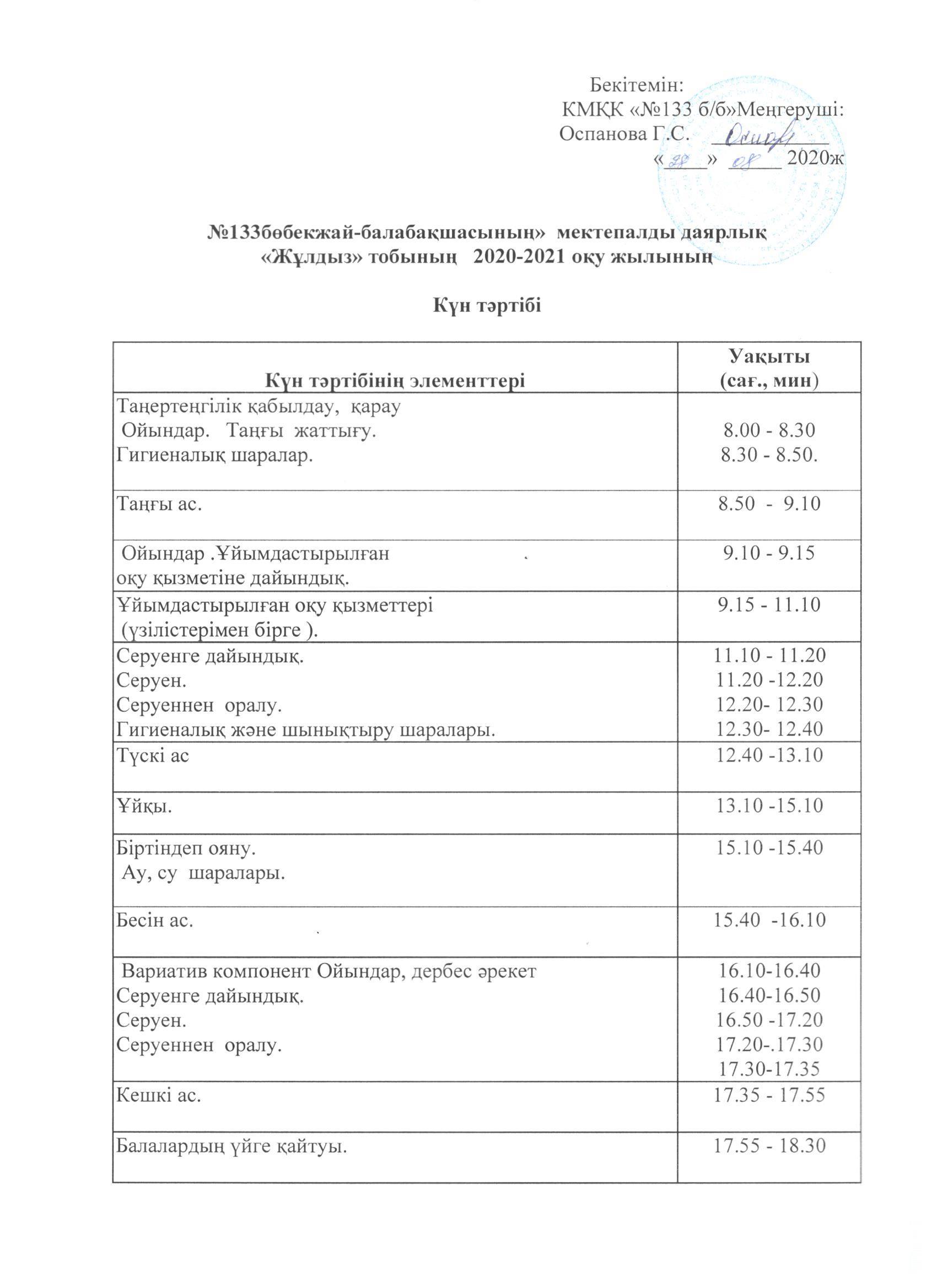 Мектепалды «Жұлдыз» тобының 2020-2021 оқу жылына арналған КҮН ТӘРТІБІ