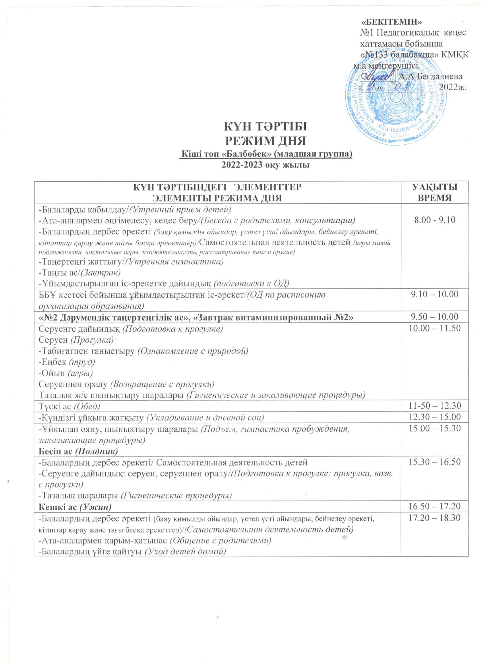 КМҚК "№133 бөбекжай-балбақашасының " кіші "Балбөбек" тобының 2022-2023 оқу жылына арналған күн тәртібі