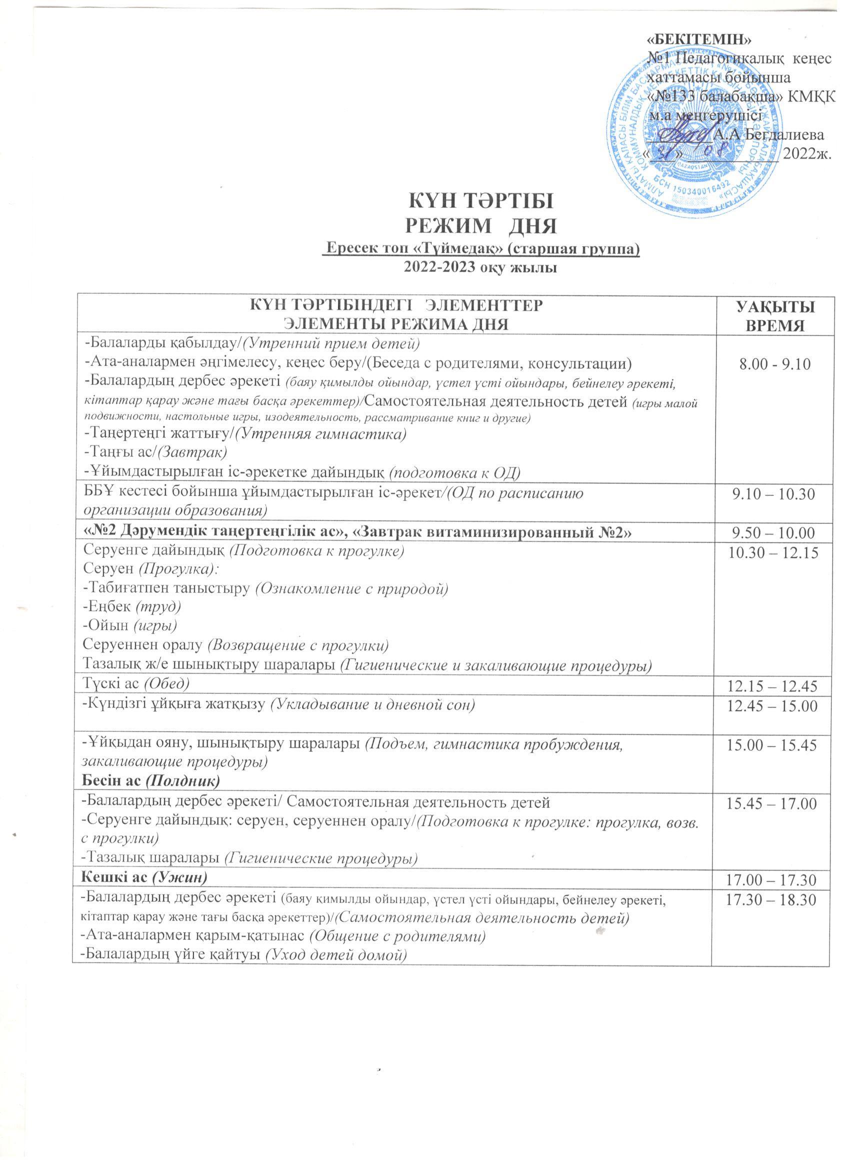 КМҚК "№ 133 бөбекжай-балабақшасының"  ересек  " Түймедақ" тобының 2022-2023 оқу жылына арналған күн тәртібі