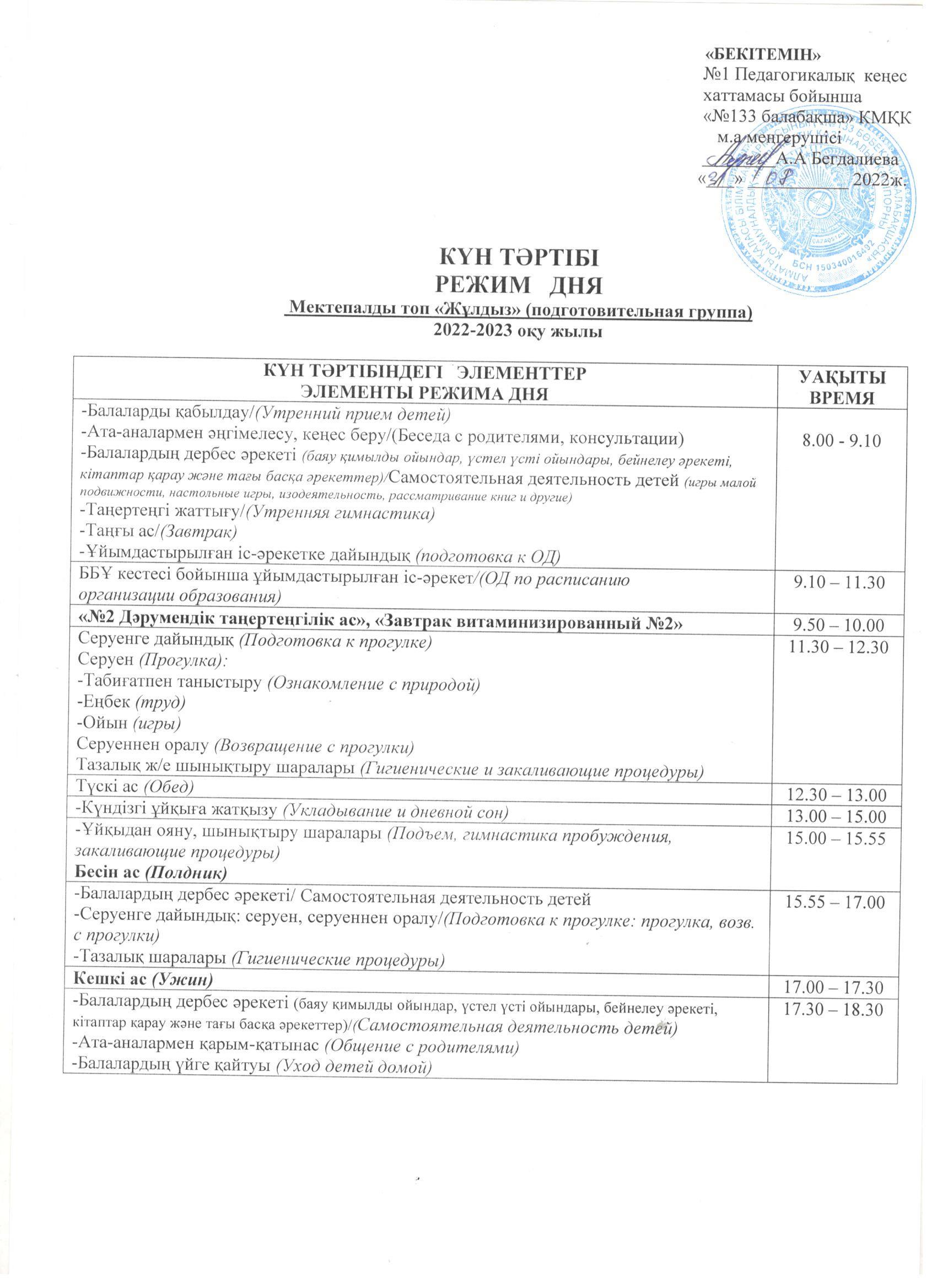 КМҚК   "№ 133 бөбекжай-балабақшасының  мектепалды "Жұлдыз" тобының  2022-2023 оқу жылына арналған күн тәртібі