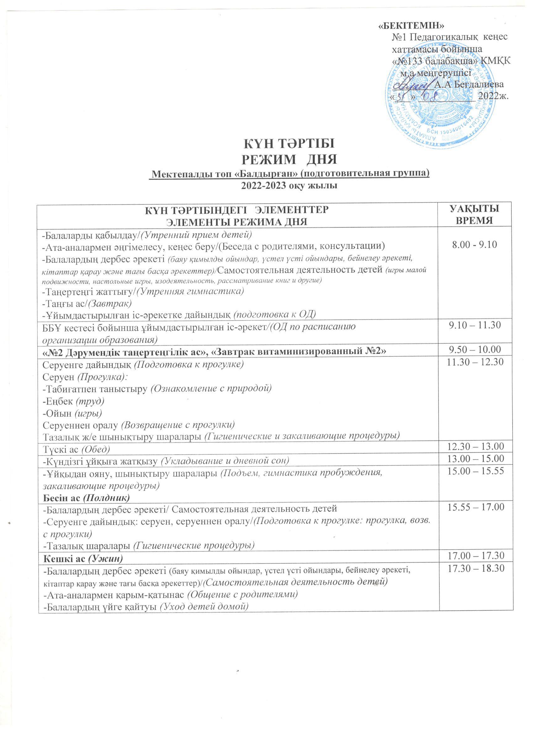 КМҚК " № 133 бөбекжай-балабақшасының " мектепалды "Балдырған" тобының  2022-2023 оқу жылына арналған күн тәртібі.  Режим дня на 2022-2023 учебный год для подготовительной группы "Балдырған" КГКП "Ясли-сада №133"