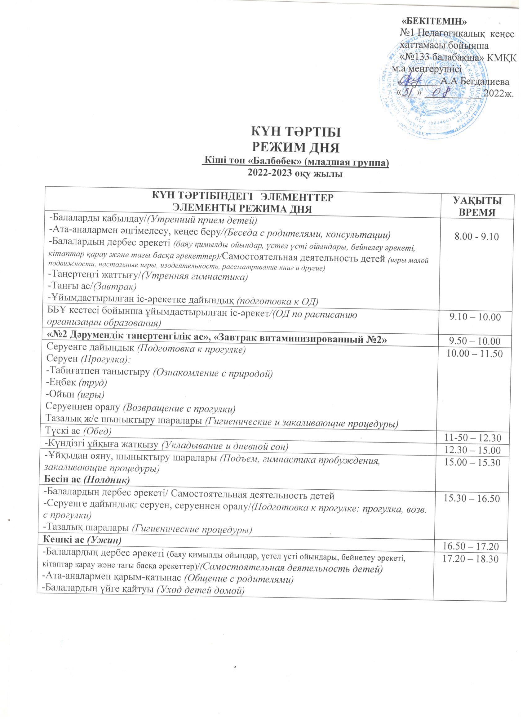 кіші "Балбөбек" тобының 2022-2023 оқу жылына арналған КҮН ТӘРТІБІ