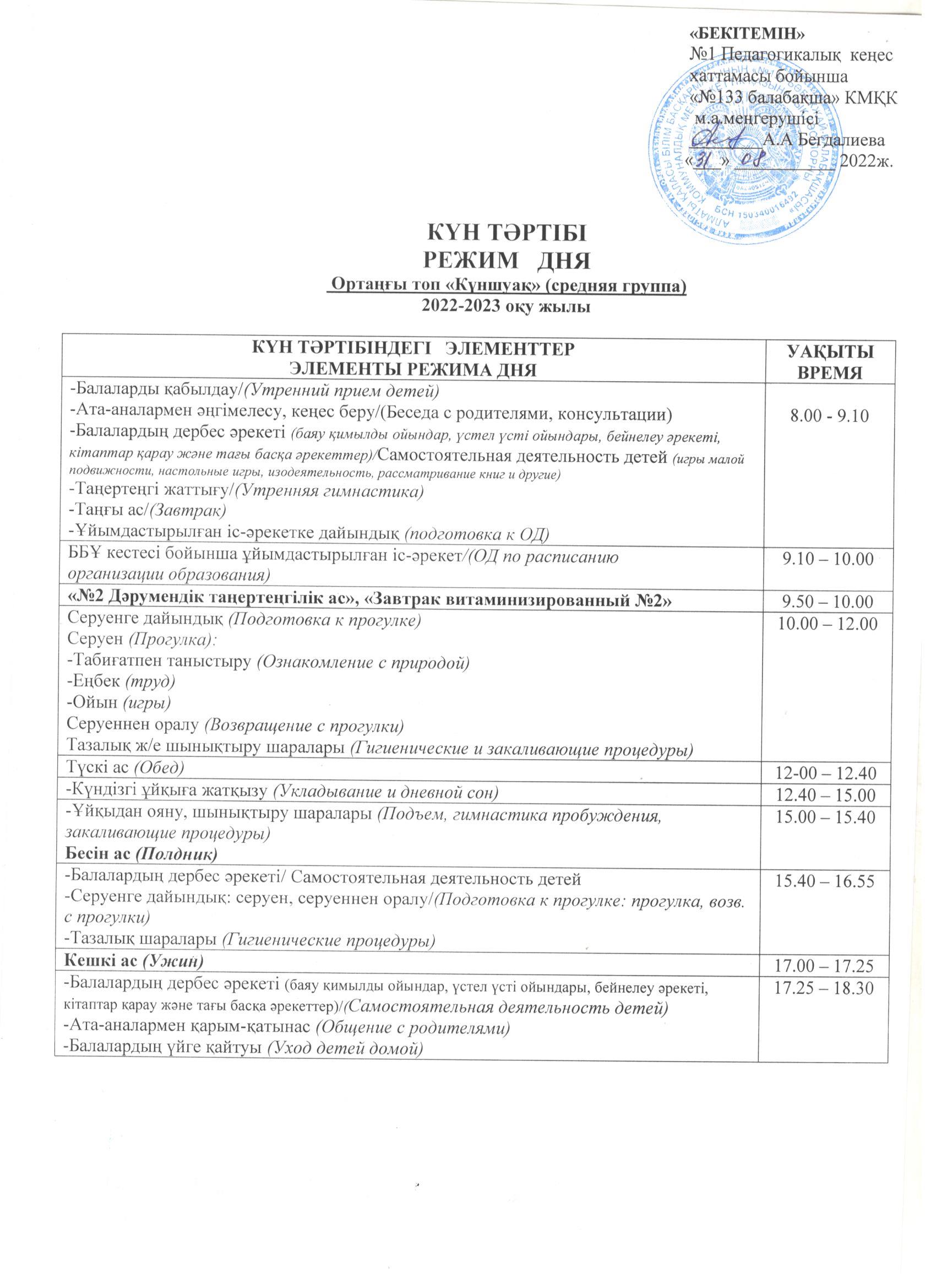 Ортаңғы "Күншуақ" тобының 2022-2023 оқу жылына арналған КҮН ТӘРТІБІ
