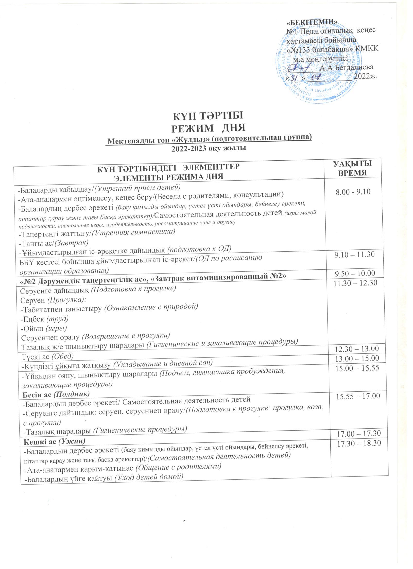 Мектепалды "Жұлдыз" тобының 2022-2023 оқу жылына арналған КҮН ТӘРТІБІ