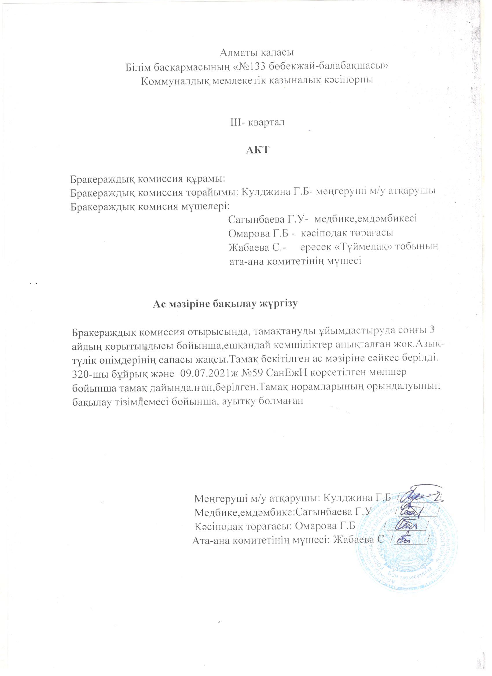 Ас мәзіріне бақылау жүргізу актісі/ Акт проведения контроля за меню