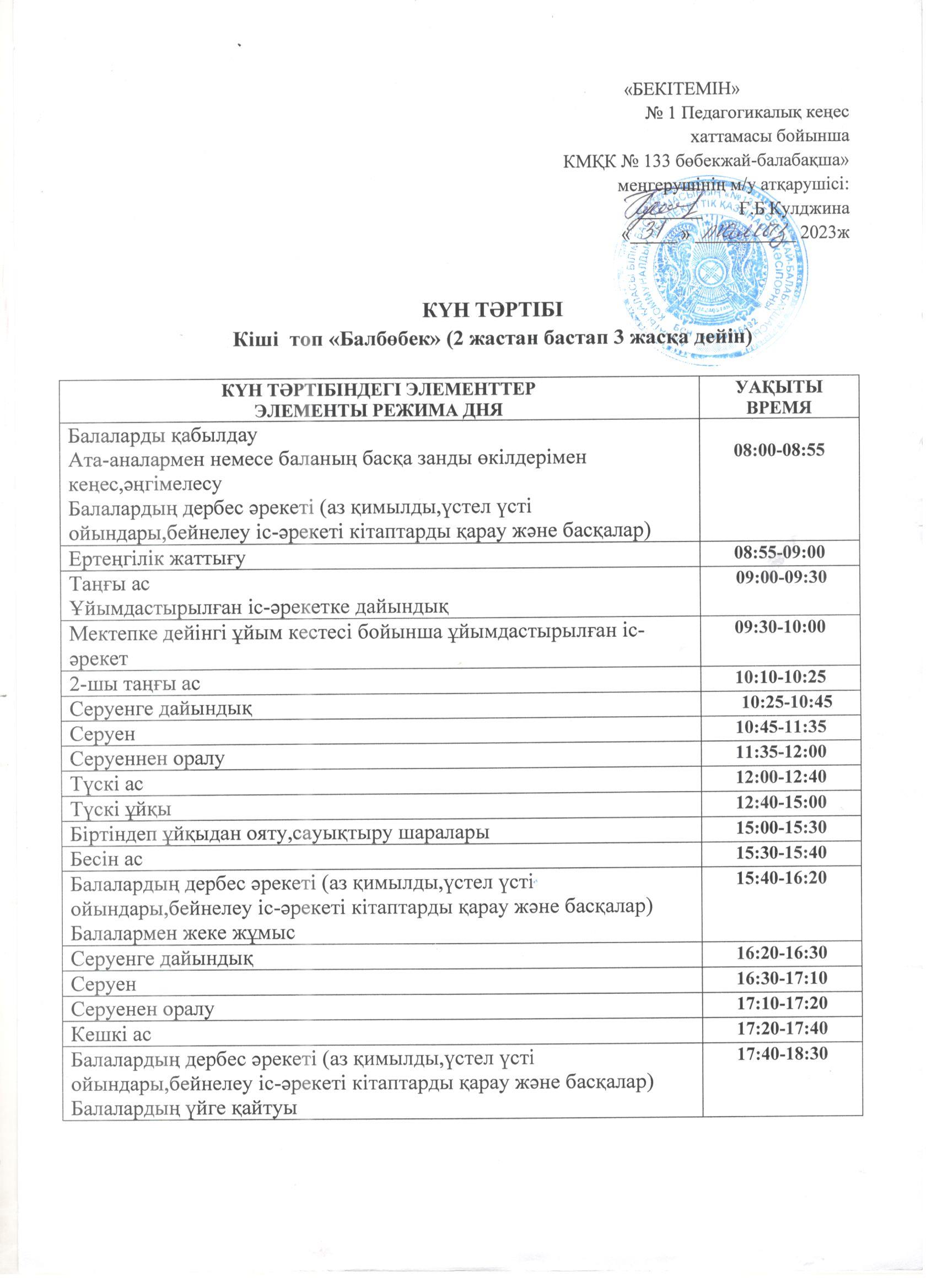 КМҚК №133 бөбекжай-балабақшасының кіші «Балбөбек» тобының күн тәртібі.
