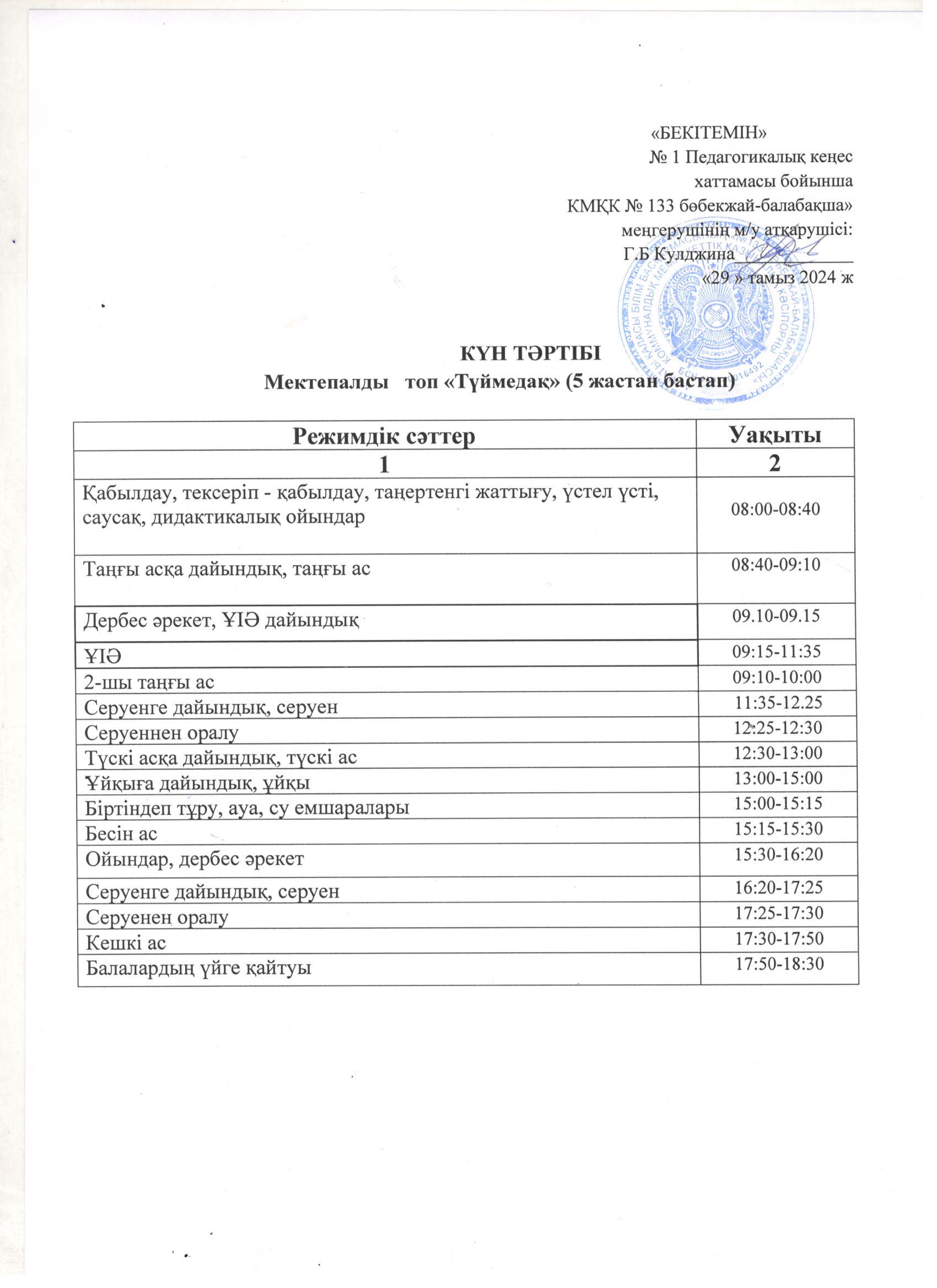 Мектепалды "Түймедақ" тобының 2024-2025 оқу жылына арналған КҮН ТӘРТІБІ